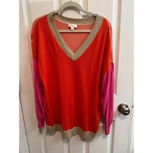 Belle By Kim Gravel L V-neck Sweater Orange Pink Tan Colorblock Long Sleeve